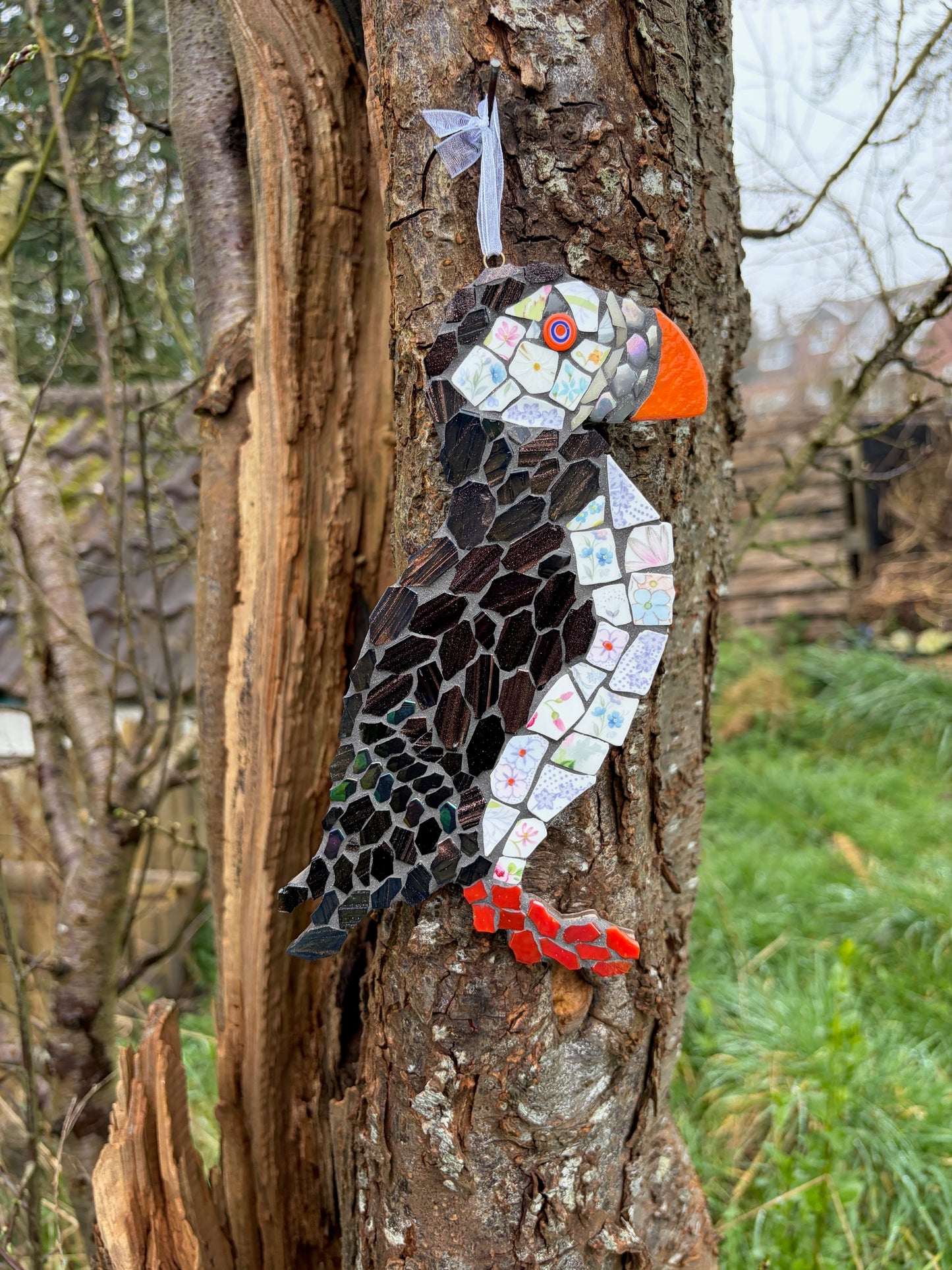 Handcrafted Mosaic Puffin with Vintage China