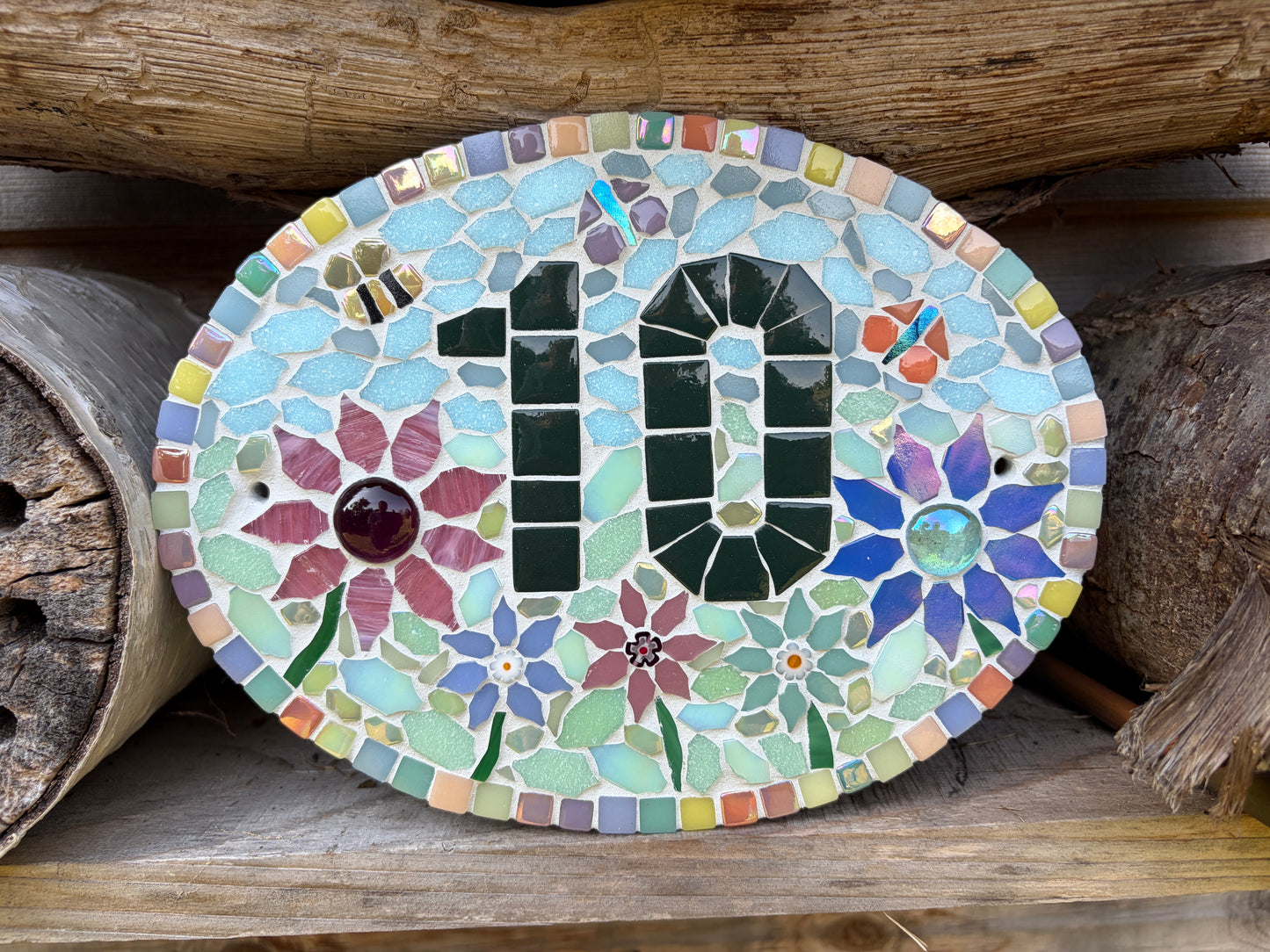 Custom Floral Mosaic House Number Sign – Slate Oval