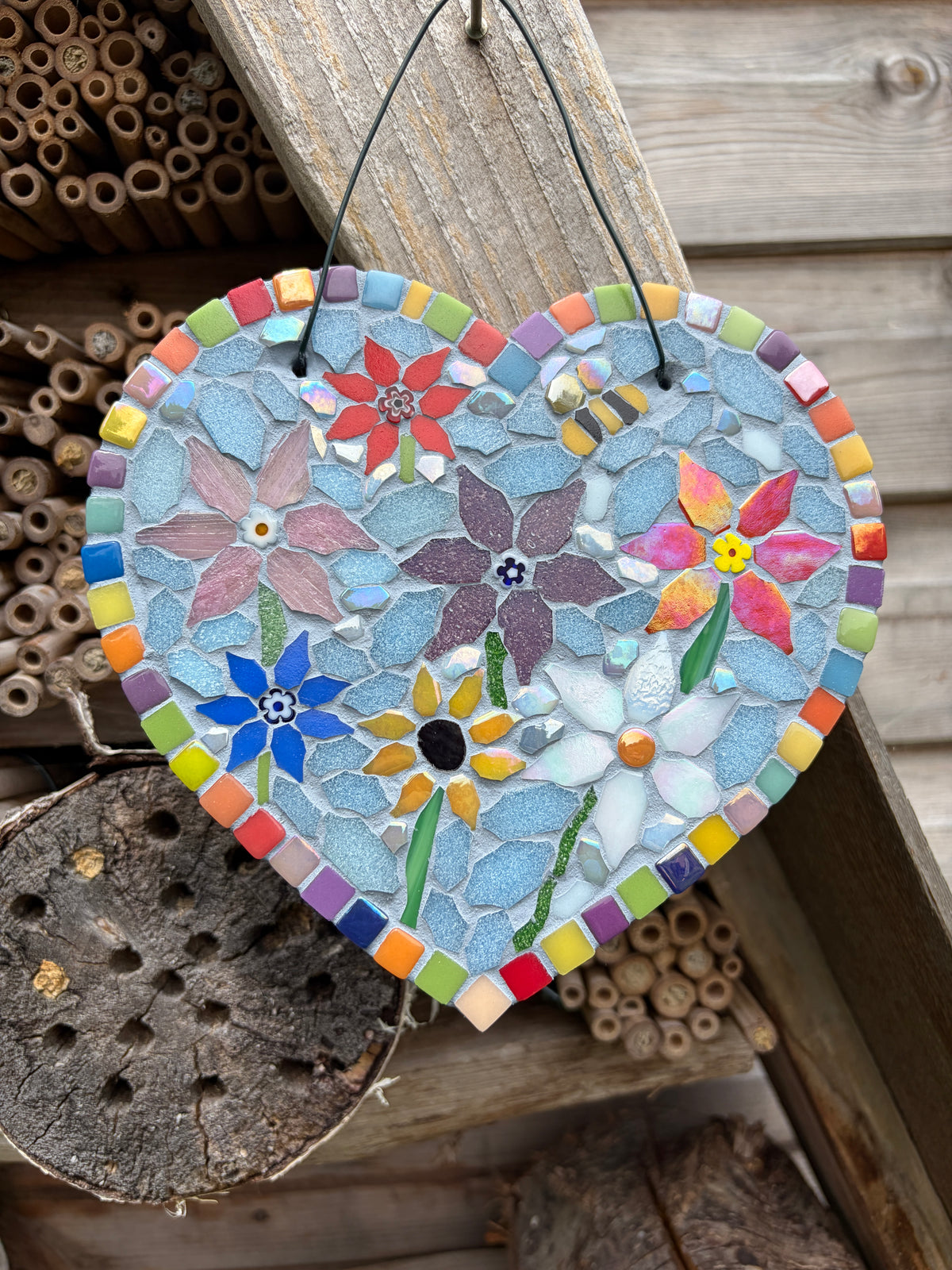 Rainbow Floral Mosaic Heart Garden Decoration – Slate