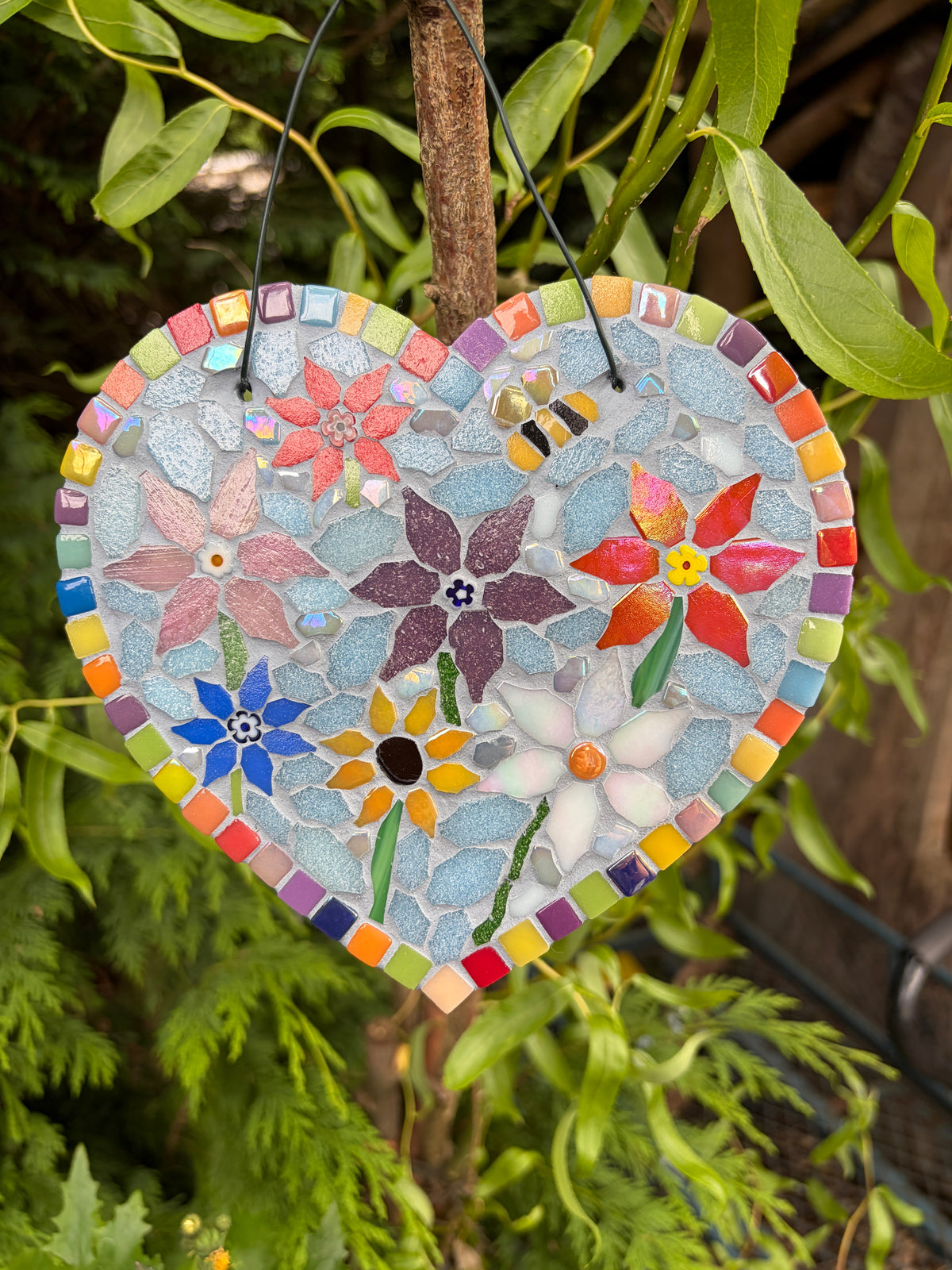 Rainbow Floral Mosaic Heart Garden Decoration – Slate