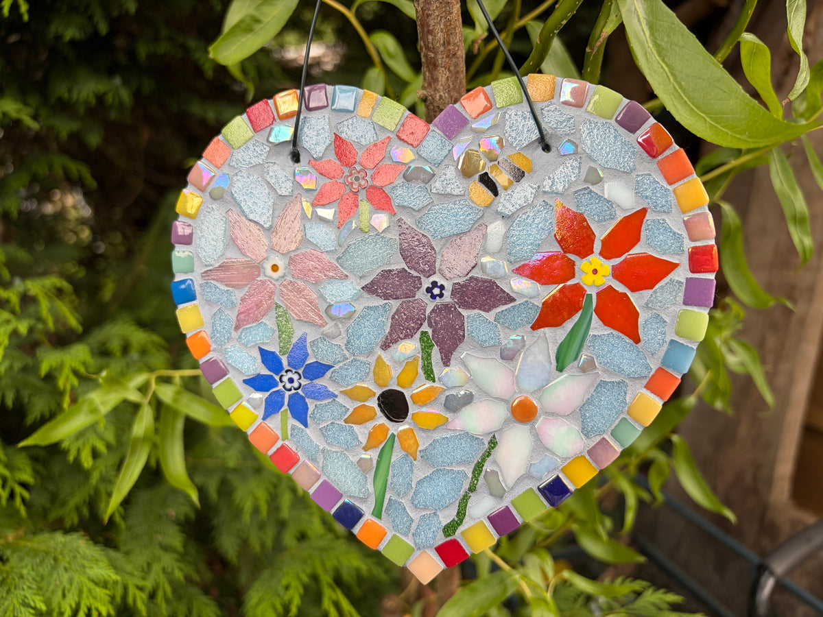 Rainbow Floral Mosaic Heart Garden Decoration – Slate