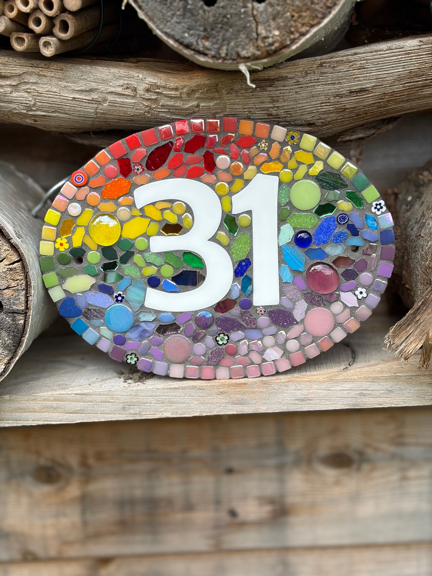 Mosaic House Number Sign Rainbow colours
