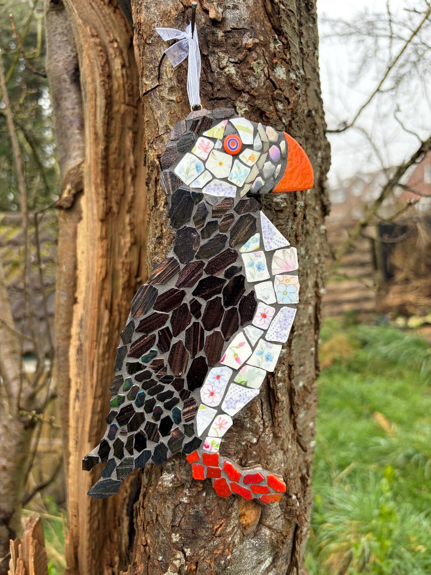 Handcrafted Mosaic Puffin with Vintage China