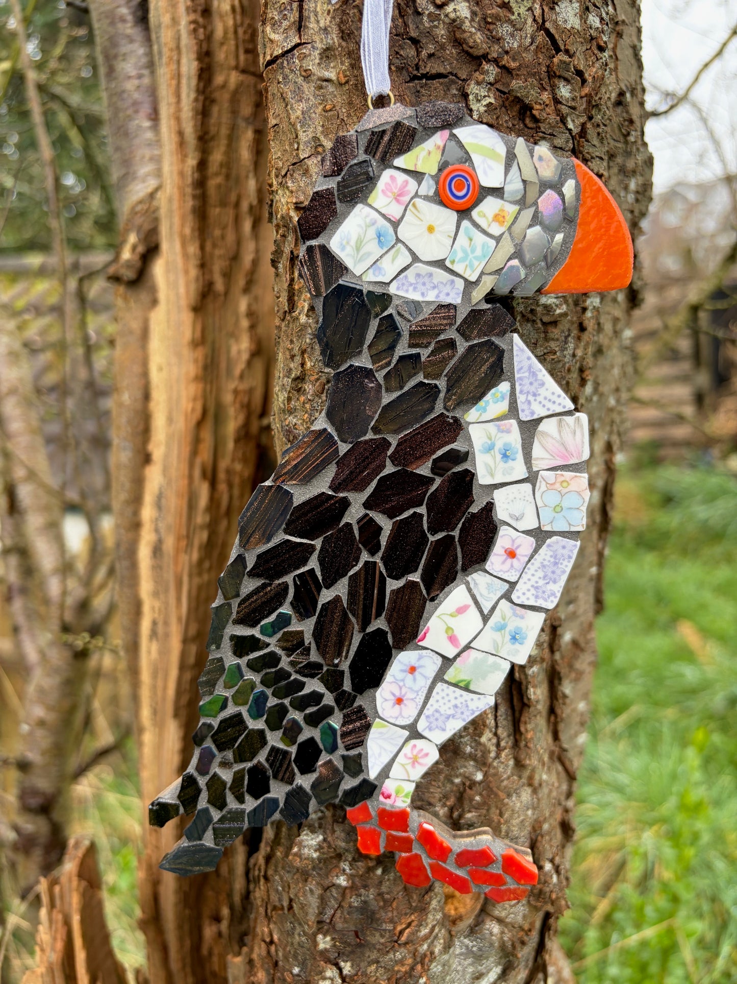 Handcrafted Mosaic Puffin with Vintage China
