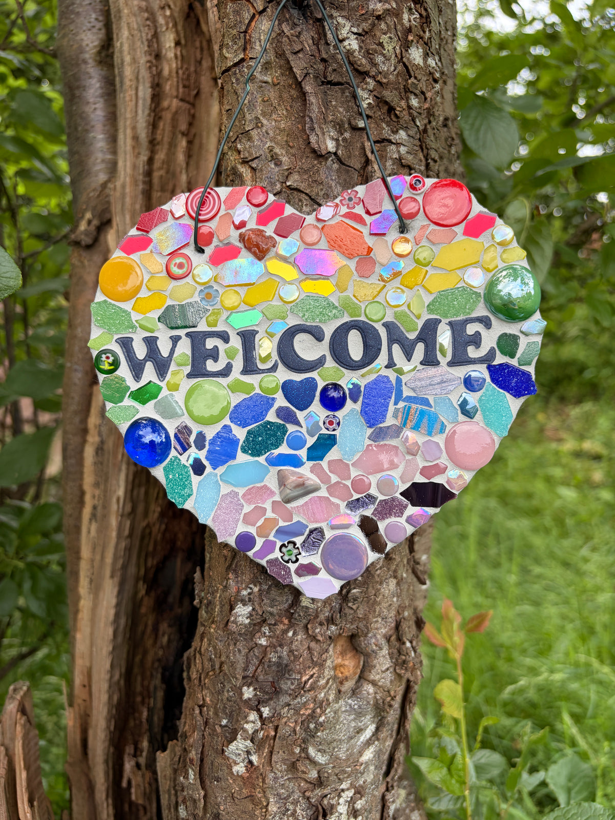 Rainbow Mosaic Heart Welcome Sign – Slate | One of a Kind