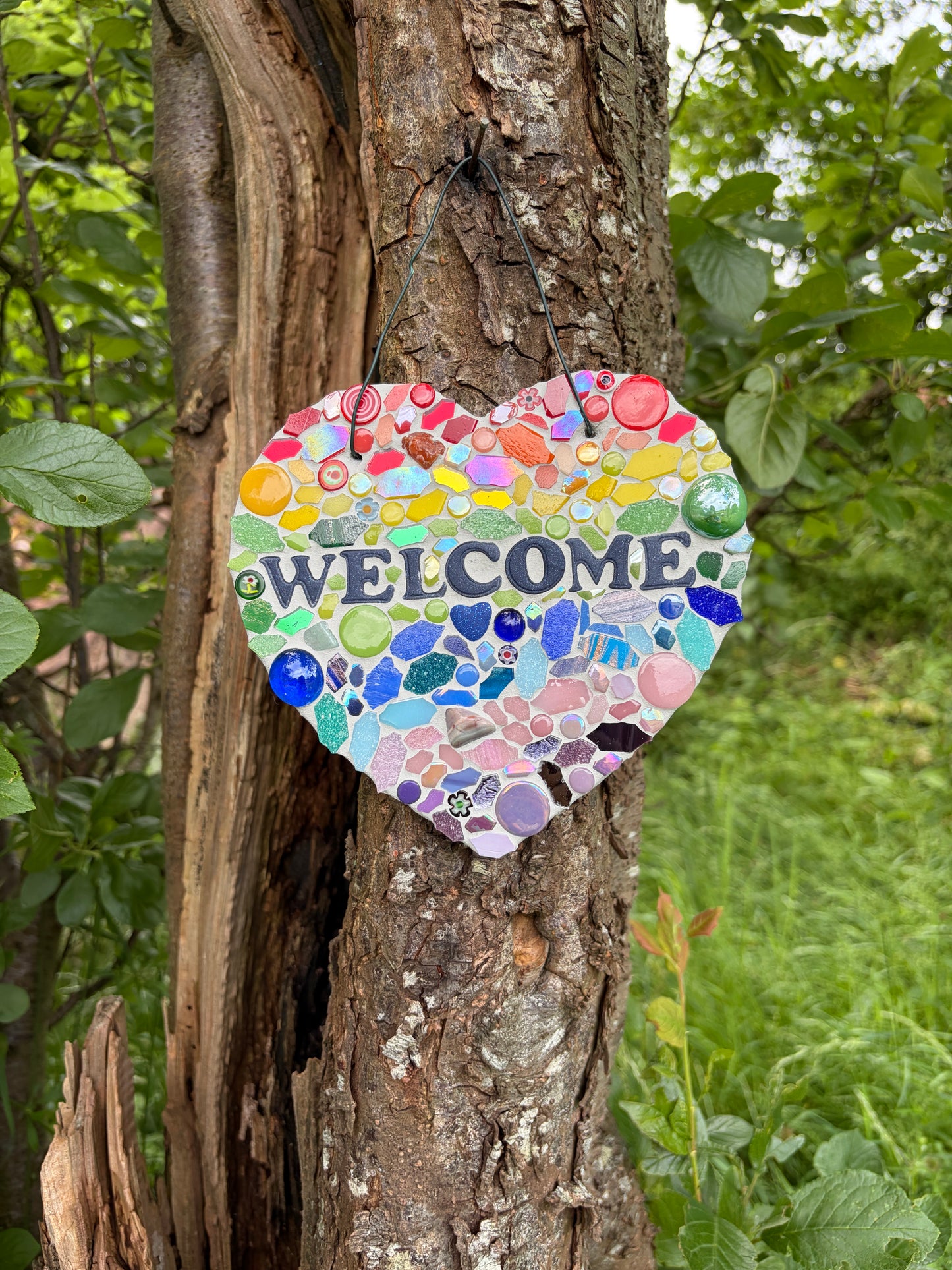 Rainbow Mosaic Heart Welcome Sign – Slate | One of a Kind