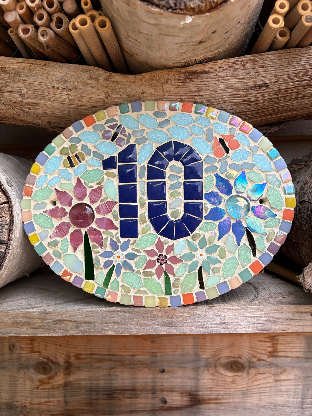 Custom Floral Mosaic House Number Sign – Slate Oval