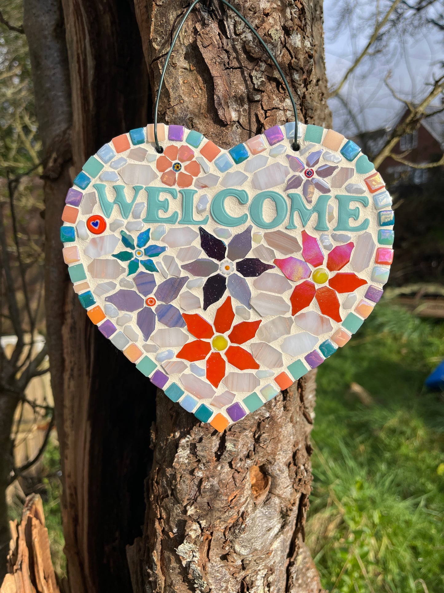 Mosaic Floral Welcome Heart – Slate | Garden Decoration | One of a Kind