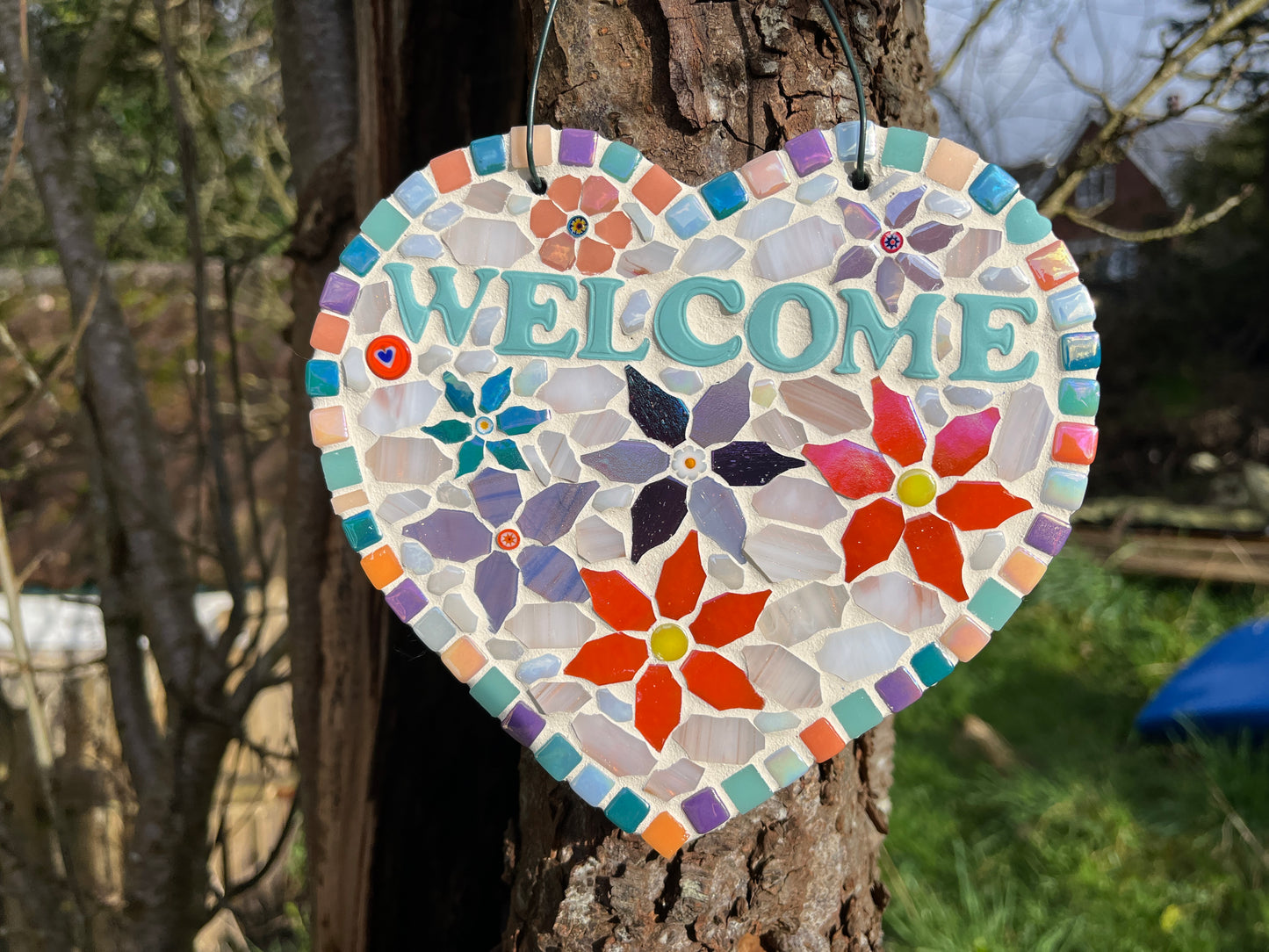 Mosaic Floral Welcome Heart – Slate | Garden Decoration | One of a Kind
