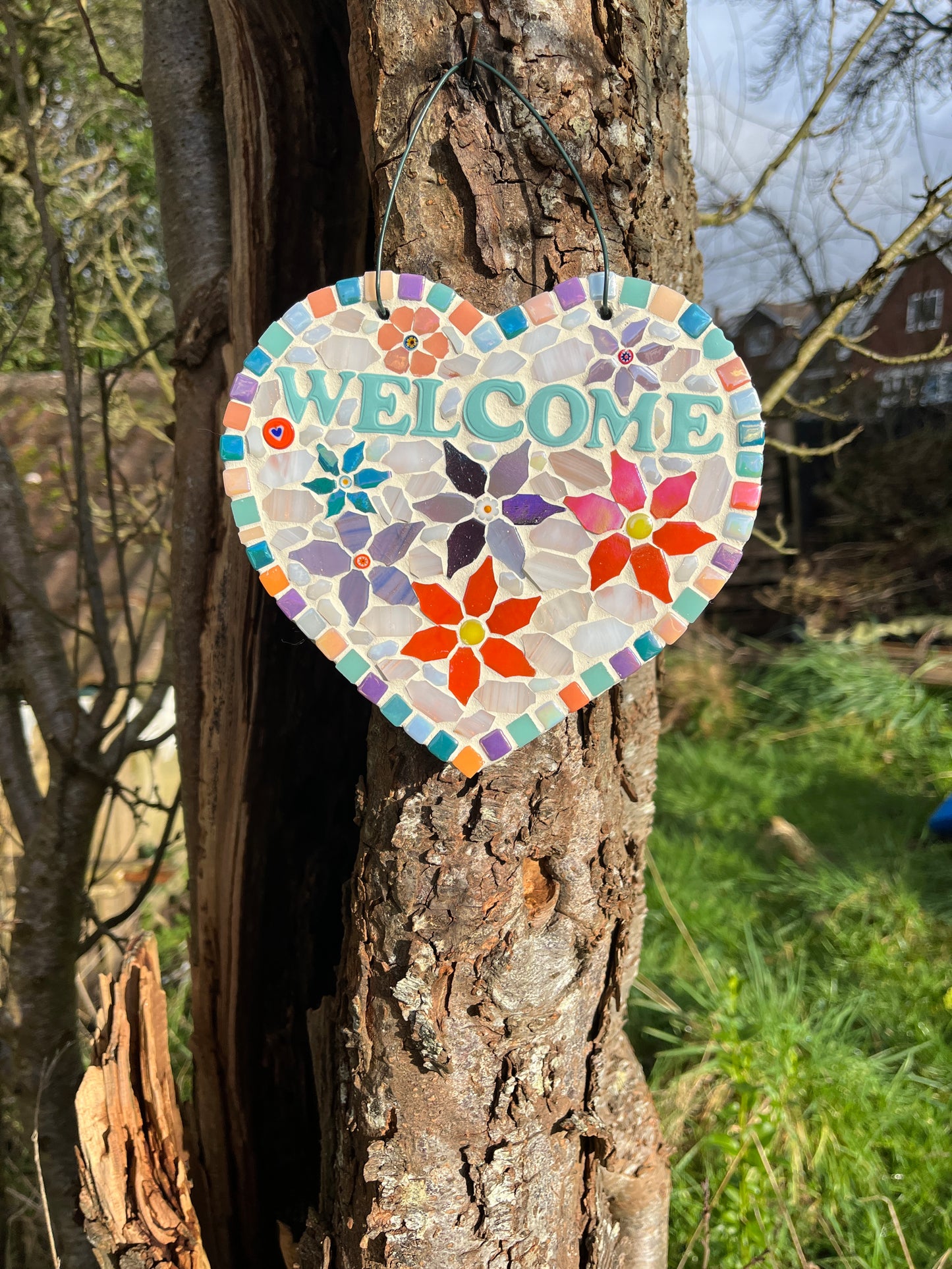 Mosaic Floral Welcome Heart – Slate | Garden Decoration | One of a Kind