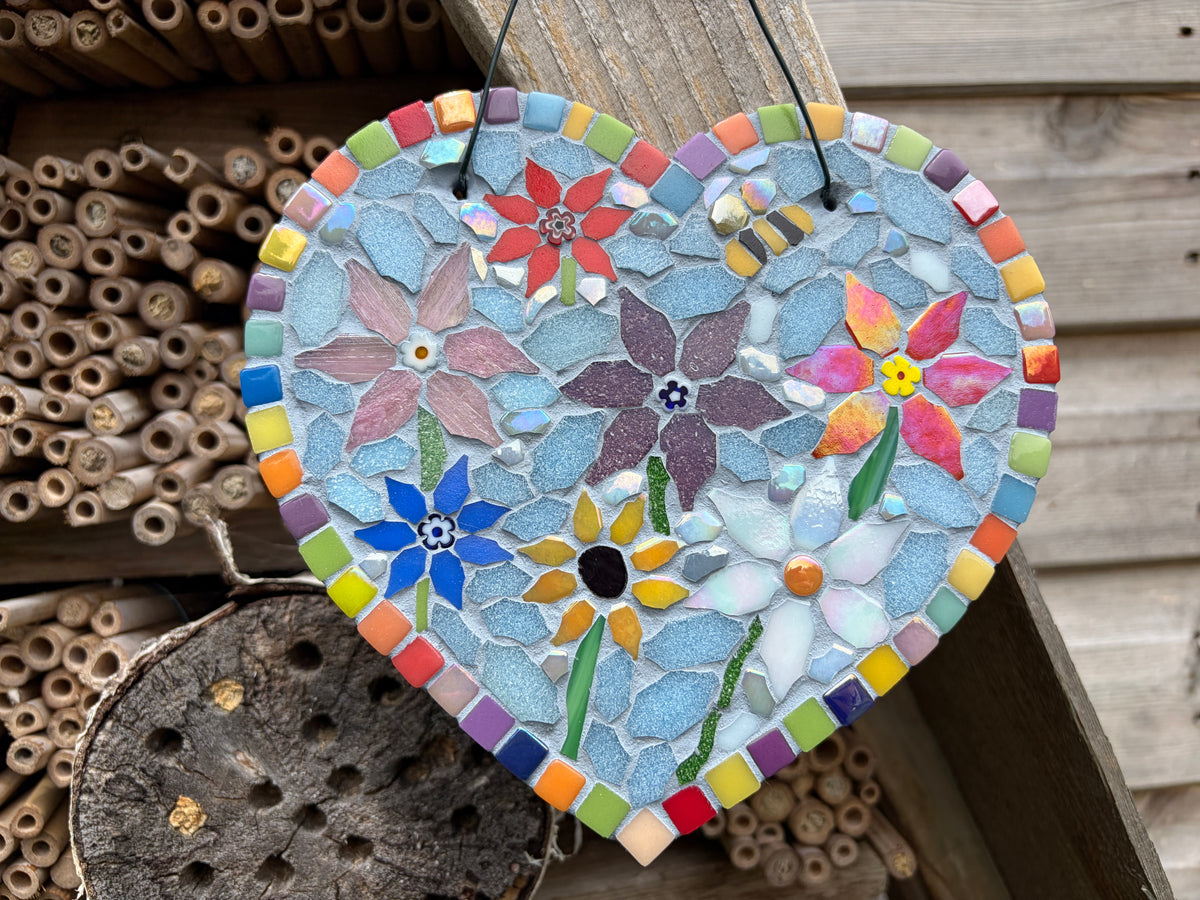 Rainbow Floral Mosaic Heart Garden Decoration – Slate