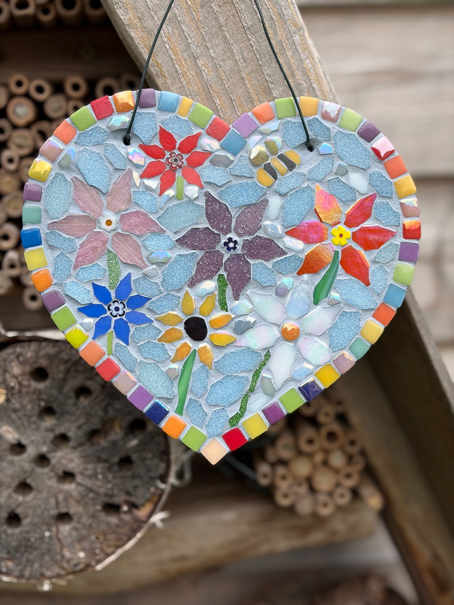Rainbow Floral Mosaic Heart Garden Decoration – Slate