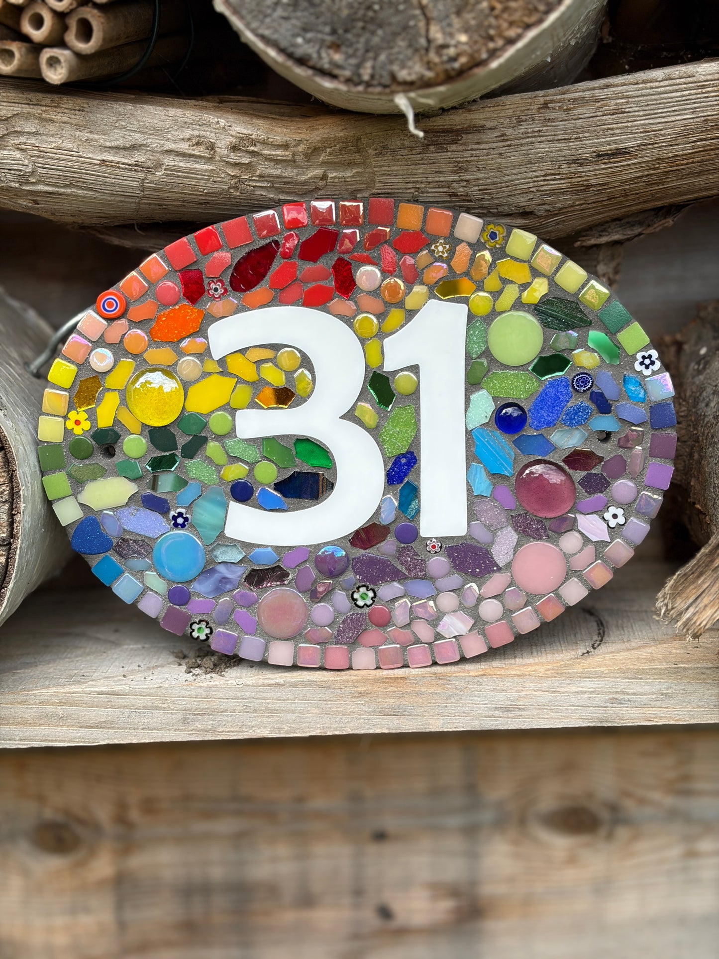 Mosaic House Number Sign Rainbow colours