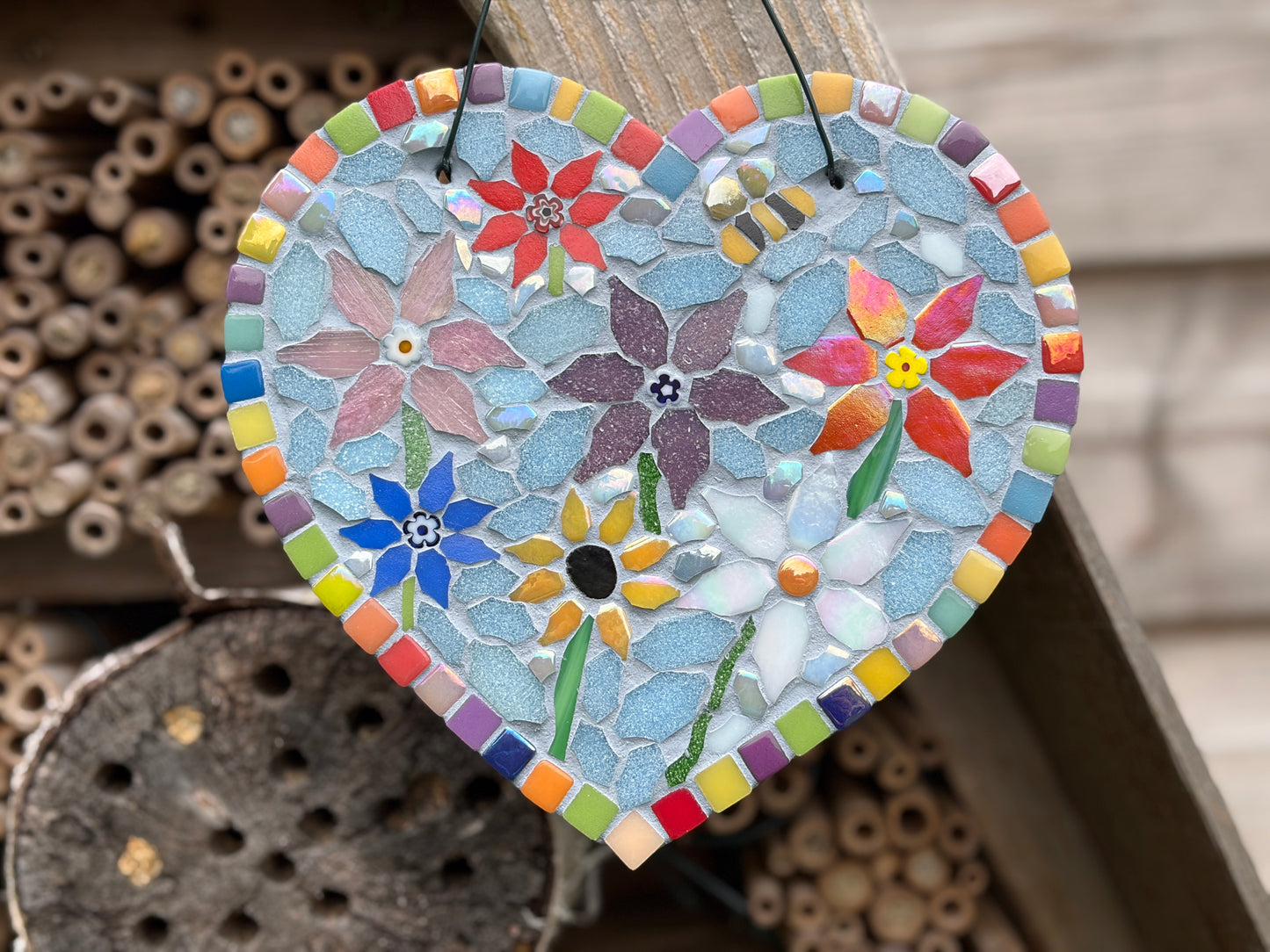 Rainbow Floral Mosaic Heart Garden Decoration – Slate