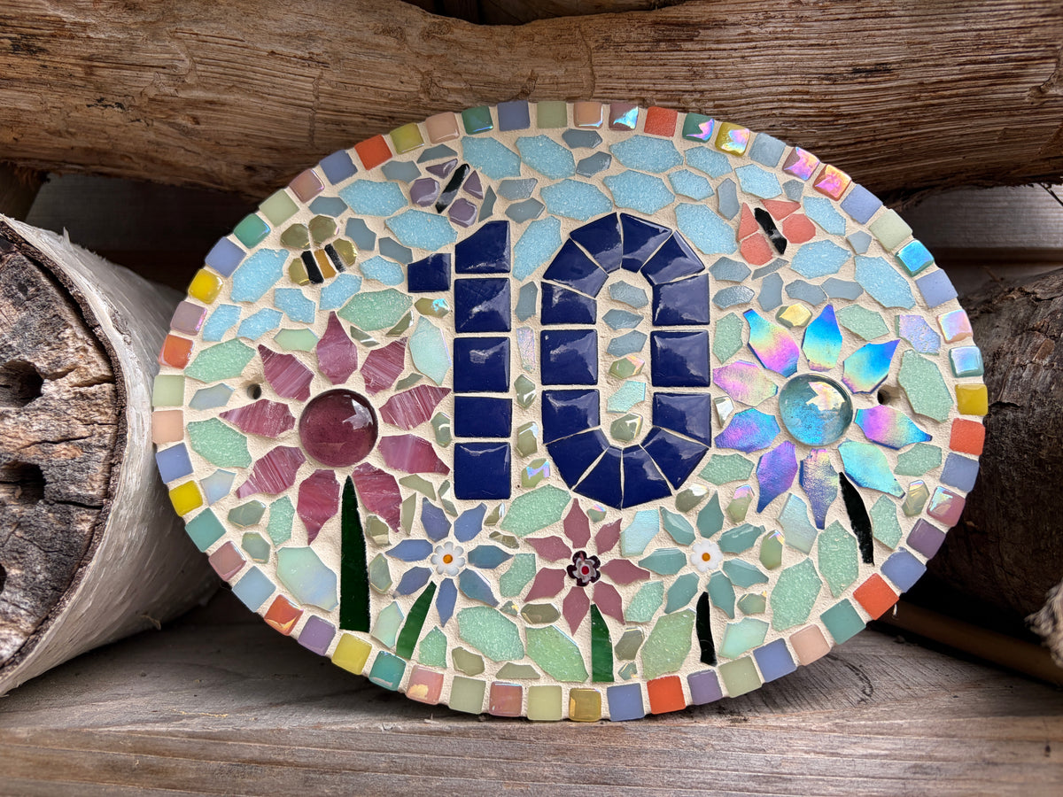 Custom Floral Mosaic House Number Sign – Slate Oval