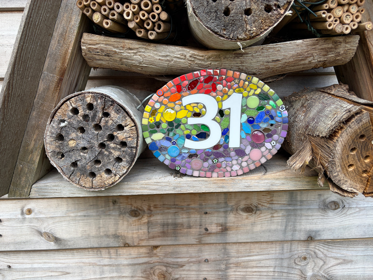 Mosaic House Number Sign Rainbow colours