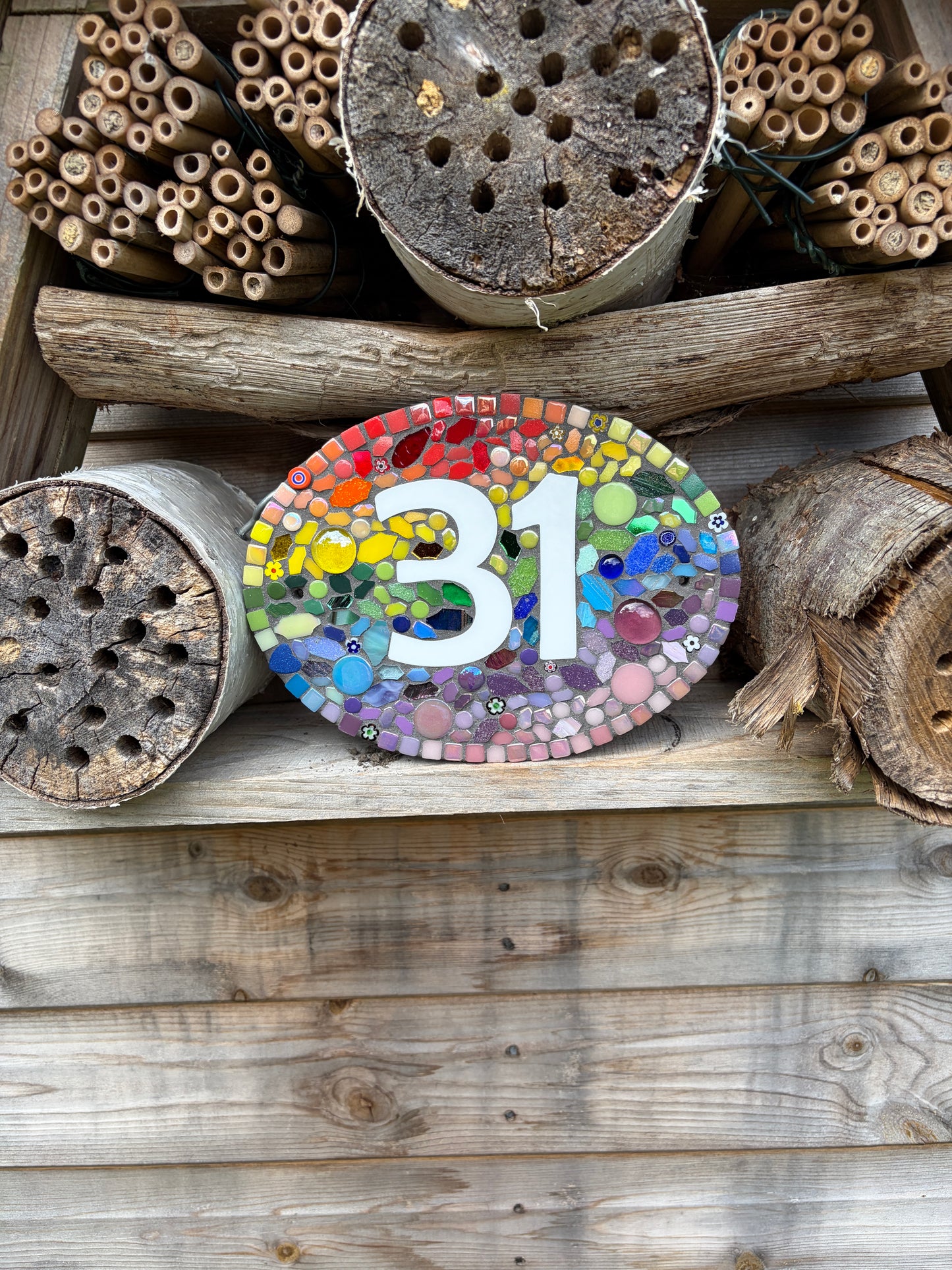 Mosaic House Number Sign Rainbow colours