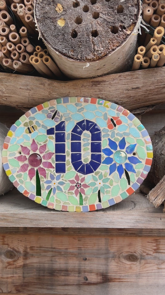 Custom Floral Mosaic House Number Sign – Slate Oval